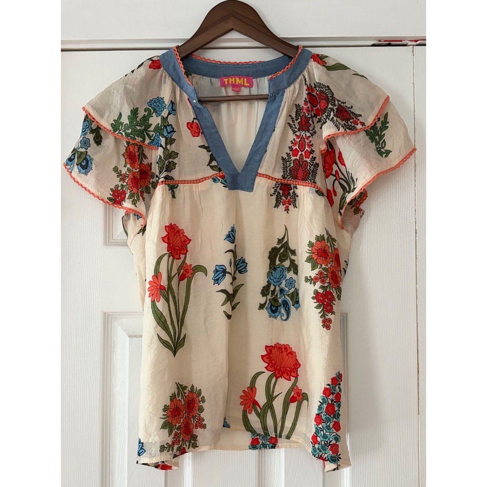 THML Womens Floral Flutter Sleeve Blouse Cream Boho V-Neck Top Large